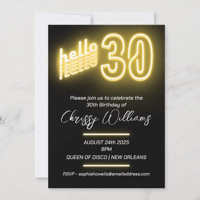 30th Birthday Party Neon Invitation (Front)