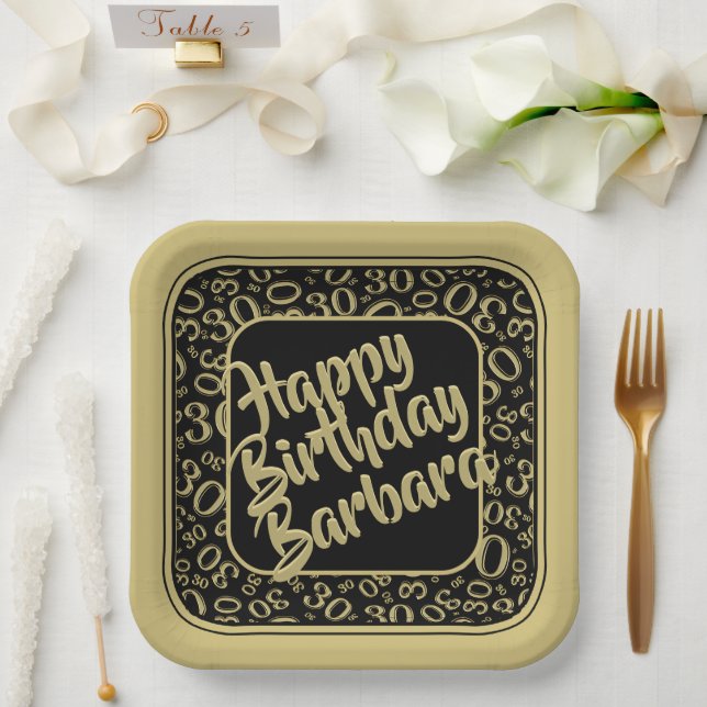 30th Birthday Party Number Pattern Black Gold Paper Plate (Wedding)