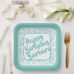 30th Birthday Party Number Pattern Teal/white Paper Plate