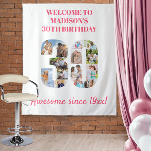 30th Birthday Party Photo Collage Backdrop Pink Tapestry
