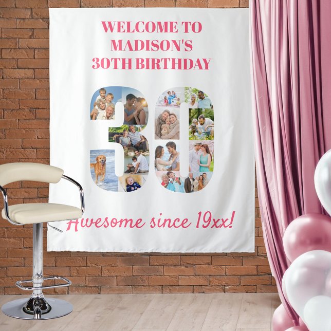 30th Birthday Party Photo Collage Backdrop Pink Tapestry (Creator Uploaded)