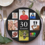 30th birthday party photo collage guy black paper plate<br><div class="desc">A paper plate for a 30 birthday party for a man,  guy,  celebrating his life with a collage of 8 of your own photos.  Templates the age 30 and a date.  Date of birth or the date of the party.  White coloured letters.  Black background.</div>