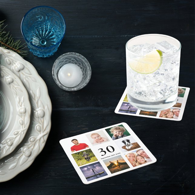 30th birthday party photo collage men square paper coaster (Creator Uploaded)