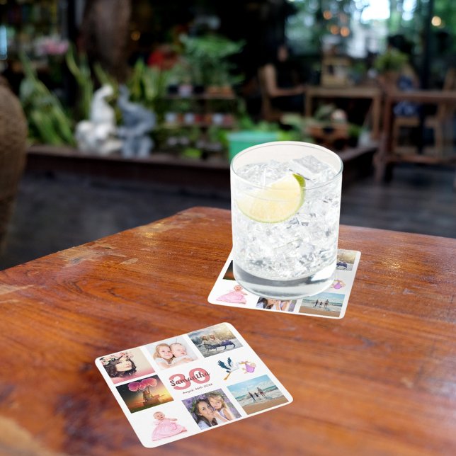 30th birthday party photo collage name square paper coaster (Creator Uploaded)