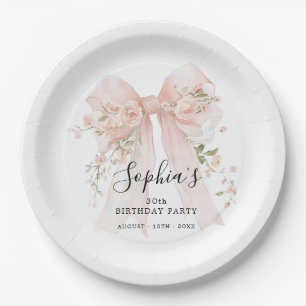 30th Birthday Party Pink Bow with Roses Custom Paper Plate