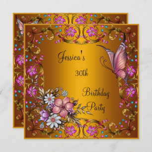 30th Birthday Party Pink Floral Butterfly Gold Invitation