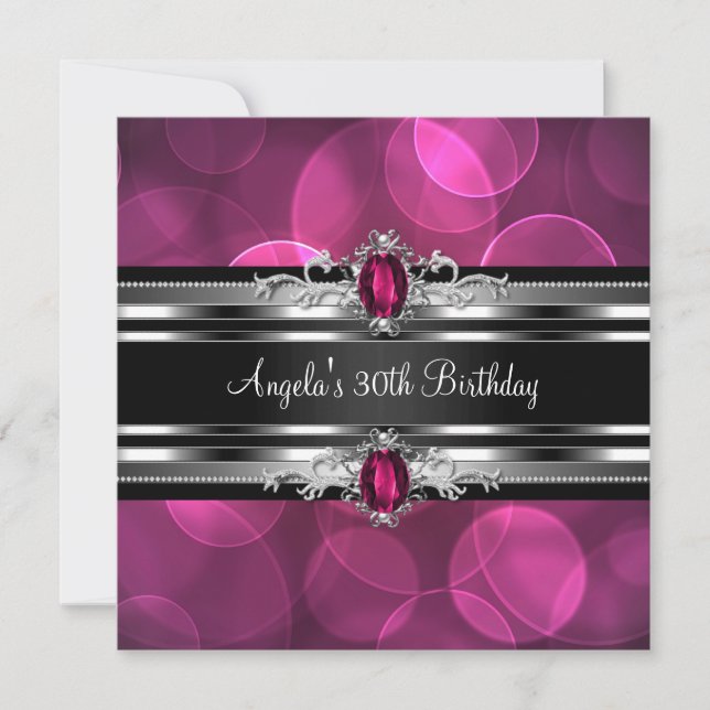 30th Birthday Party Pink Gem Bubbles Silver Black Invitation (Front)