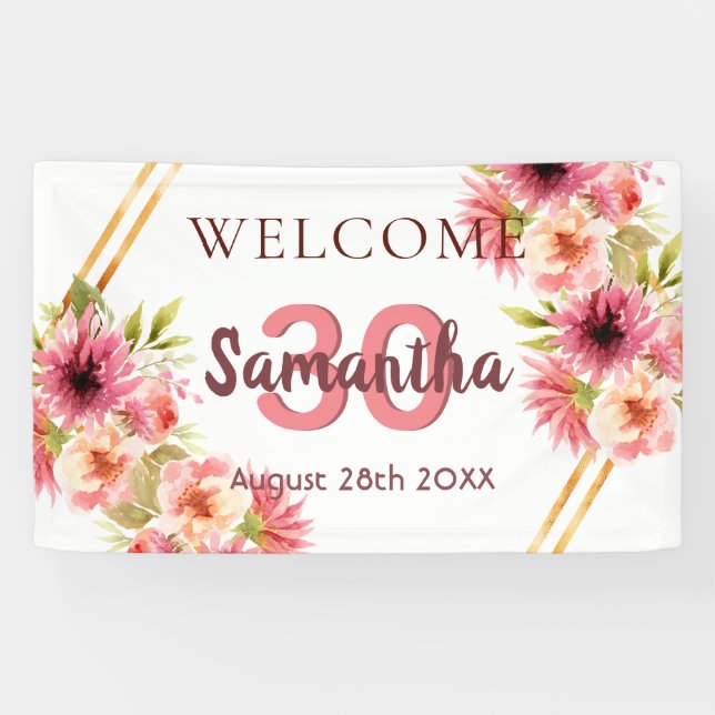 30th birthday party pink gold flowers white banner (Horizontal)
