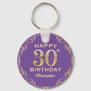 30th Birthday Party Purple and Gold Glitter Frame Key Ring