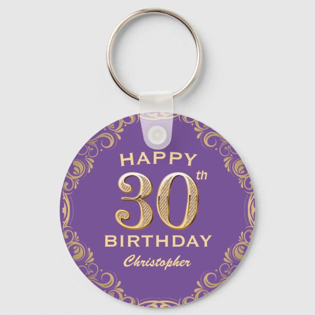 30th Birthday Party Purple and Gold Glitter Frame Key Ring (Front)