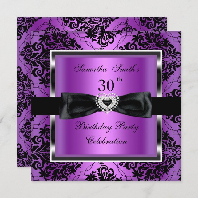 30th Birthday Party Purple Damask Silver Black Invitation (Front/Back)
