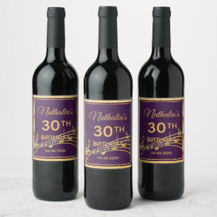 30th birthday party purple gold music notes wine label