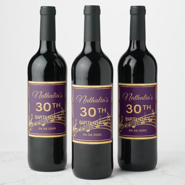 30th birthday party purple gold music notes wine label (Bottles)