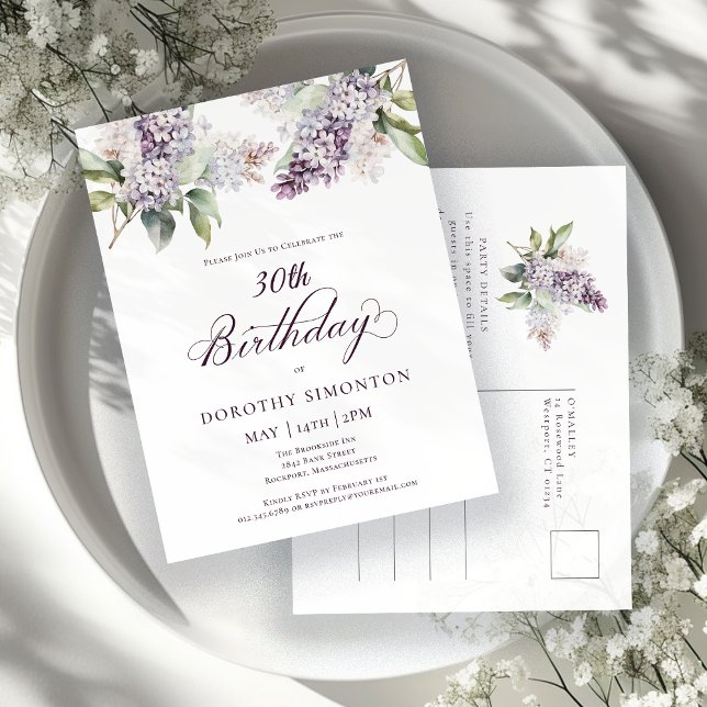30th Birthday Party Purple Spring Lilac Flower Invitation Postcard (Creator Uploaded)