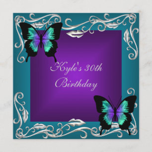 30th Birthday Party Purple Teal Butterflies Silver Invitation