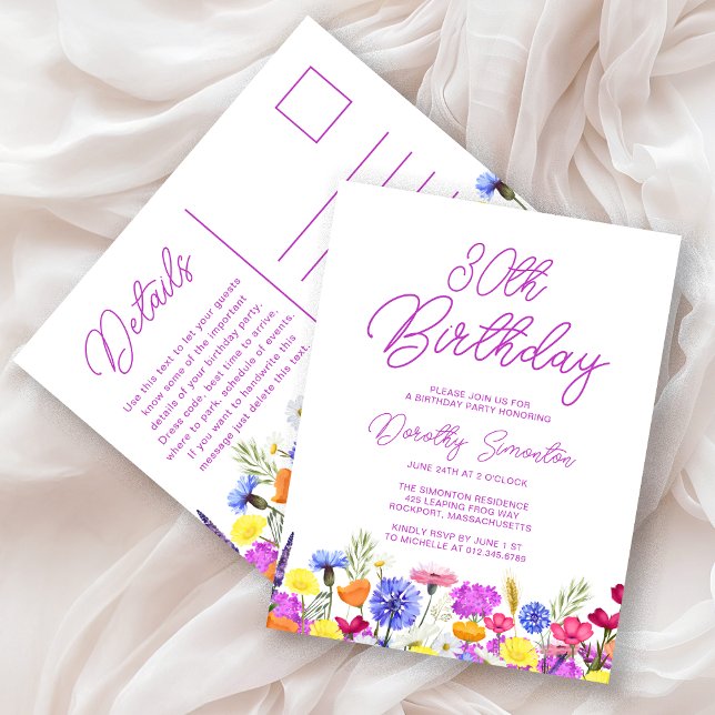 30th Birthday Party Purple Wildflowers Affordable Invitation Postcard (Creator Uploaded)