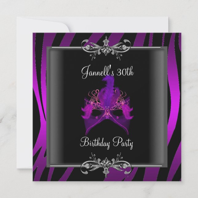 30th Birthday Party Purple Zebra Black Mask Invitation (Front)