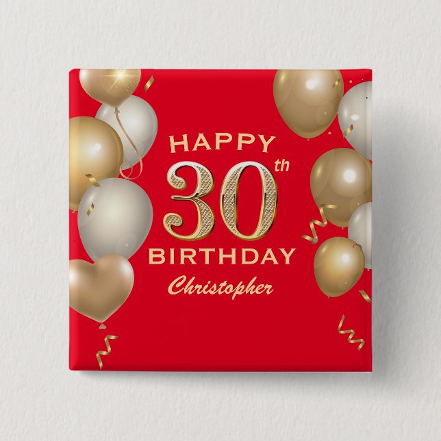 30th Birthday Party Red and Gold Balloons 15 Cm Square Badge (Front)