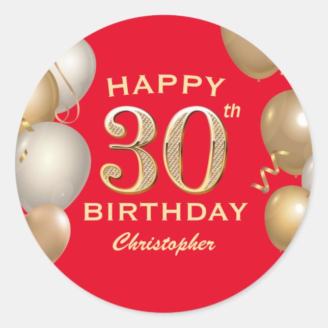30th Birthday Party Red and Gold Balloons Classic Round Sticker (Front)