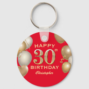 30th Birthday Party Red and Gold Balloons Key Ring