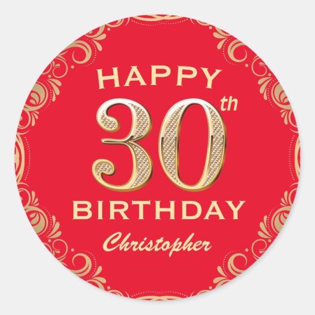 30th Birthday Party Red and Gold Glitter Frame Classic Round Sticker (Front)