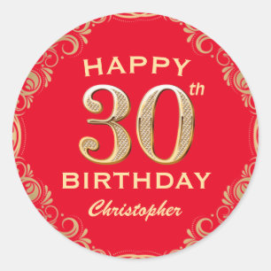 30th Birthday Party Red and Gold Glitter Frame Classic Round Sticker