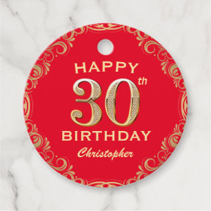 30th Birthday Party Red and Gold Glitter Frame Favour Tags