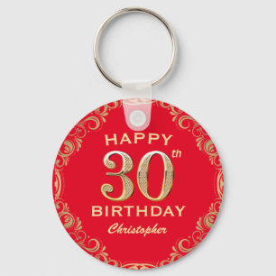 30th Birthday Party Red and Gold Glitter Frame Key Ring