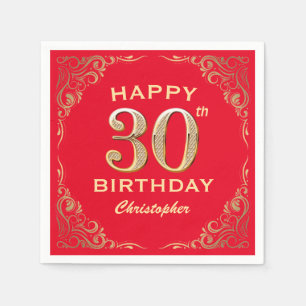 30th Birthday Party Red and Gold Glitter Frame Napkin