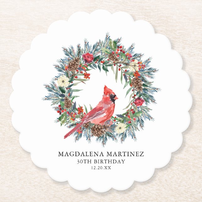 30th Birthday Party Red Cardinal Wreath Custom Paper Coaster (Front)