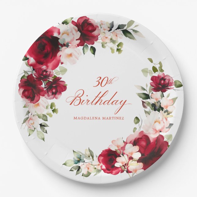 30th Birthday Party Red Pink Floral Custom Paper Paper Plate (Front)