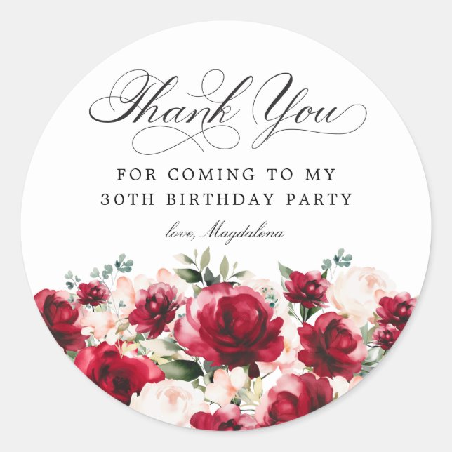 30th Birthday Party Red Pink Floral Thank You Classic Round Sticker (Front)