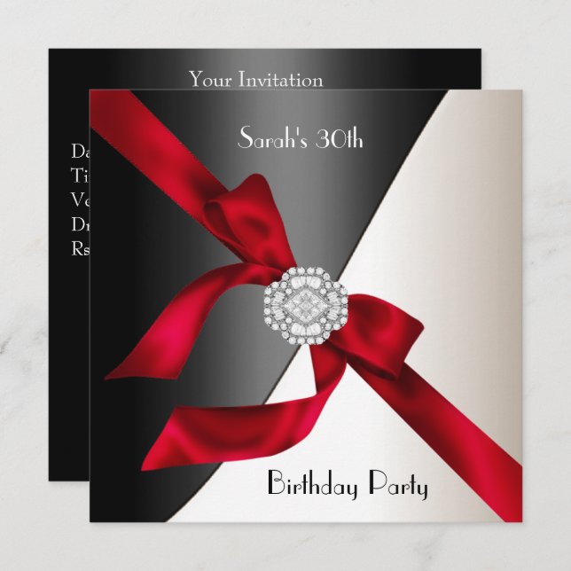 30th Birthday Party Red White Black Diamond Invitation (Front/Back)