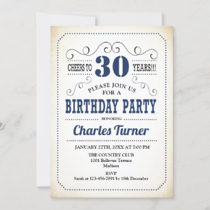 30th Birthday Party - Retro Creamy White and Navy Invitation