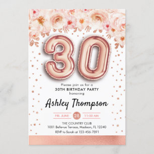 30th Birthday Party - Rose Gold Balloons Invitation
