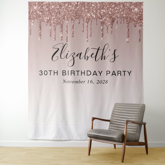30th Birthday Party Rose Gold Glitter Backdrop Tapestry (In Situ)