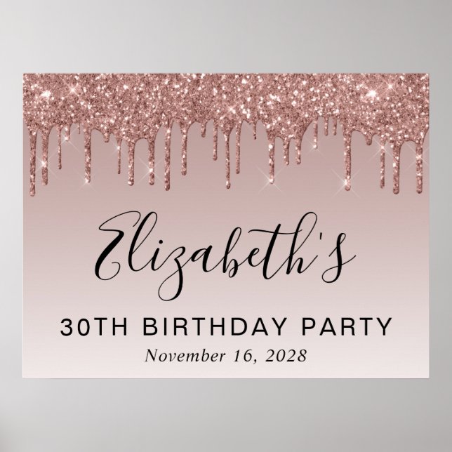 30th Birthday Party Rose Gold Glitter Poster (Front)