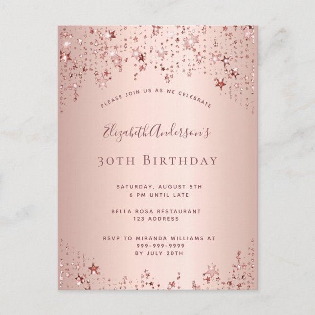 30th birthday party rose gold stars invitation postcard (Front)