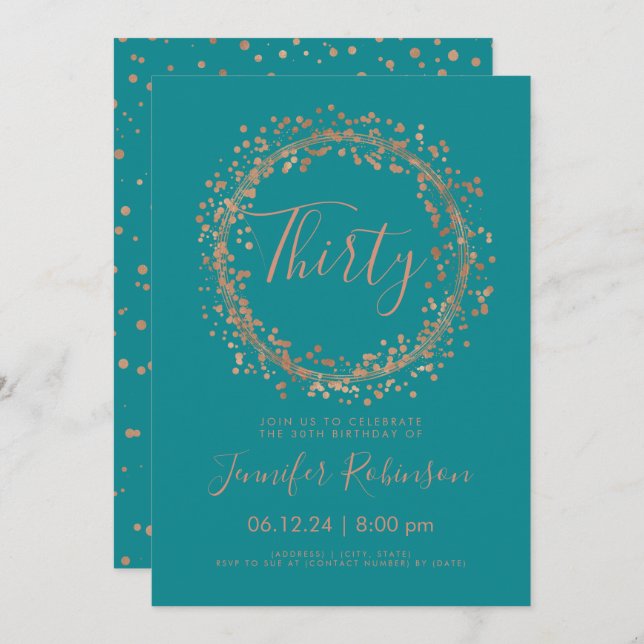 30th Birthday Party Rose Gold Teal Confetti Invitation (Front/Back)