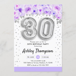30th Birthday Party - Silver Balloons Purple Invitation
