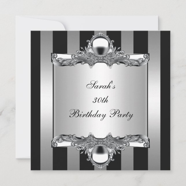 30th  Birthday Party Silver Black White Stripe Invitation (Front)