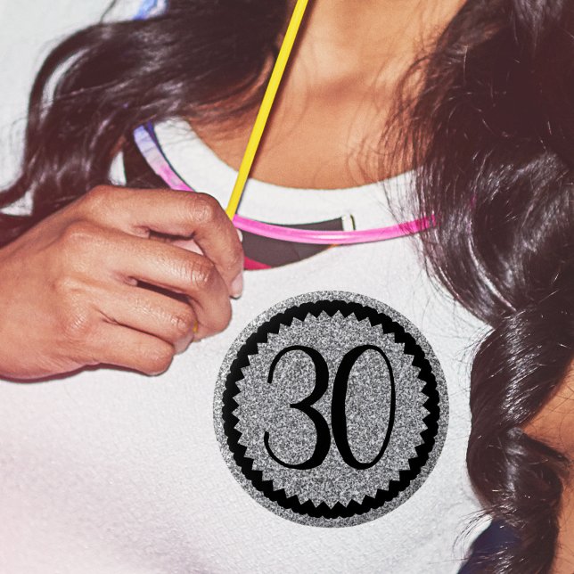 30th Birthday Party Silver Glitter Classic 6 Cm Round Badge (personalised 30th birthday party silver glitter birthday badge)
