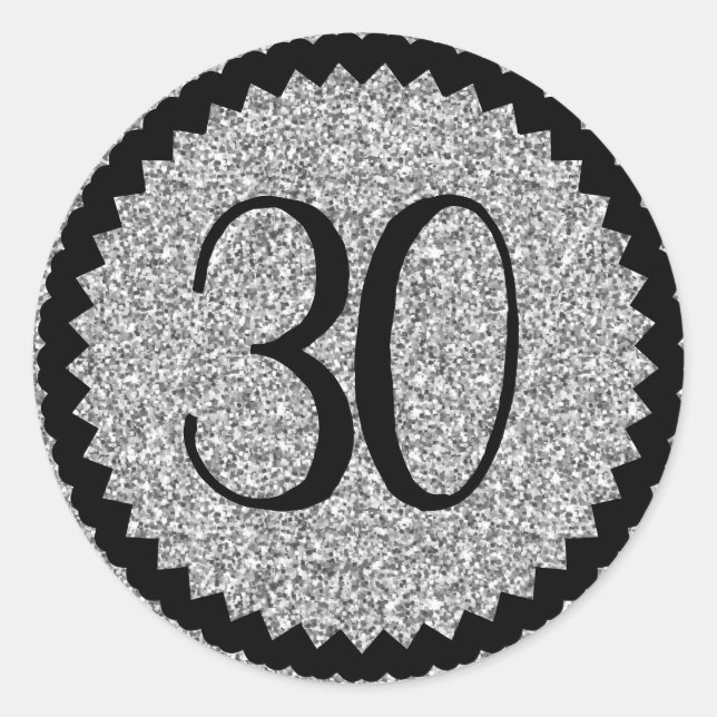 30th Birthday Party Silver Glitter Classic Round Sticker (Front)