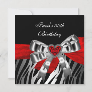 30th Birthday Party Silver Red Black Zebra 2 Invitation