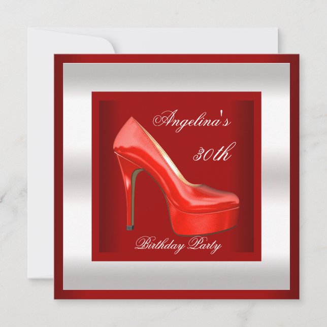 30th Birthday Party Silver Red High Heel Shoes Invitation (Front)