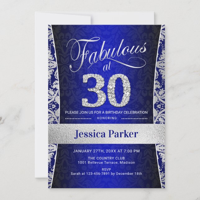 30th Birthday Party - Silver Royal Blue Invitation (Front)