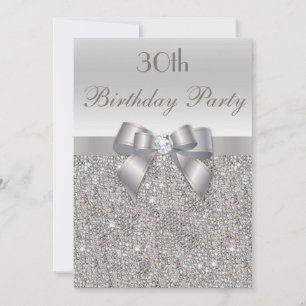 30th Birthday Party Silver Sequins, Bow & Diamond Invitation