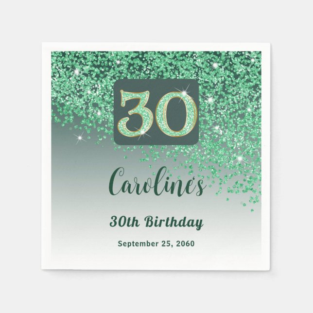 30th Birthday Party Sparkle Green Glitter Napkin (Front)