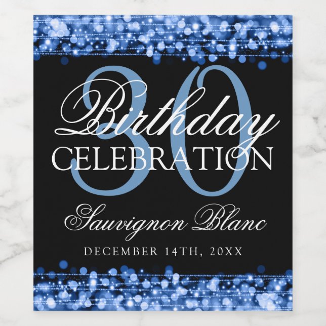 30th Birthday Party Sparkles Blue Wine Label (Single Label)
