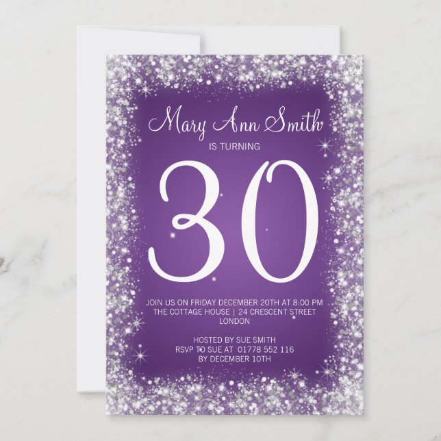 30th Birthday Party Sparkling Glitter Purple Invitation (Front)